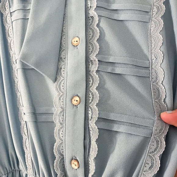 Vtg 70s Jennifer Gee Womens Blue A Line Dress 10 Lace Pleated Long Sleeve Belt - Picture 5 of 9